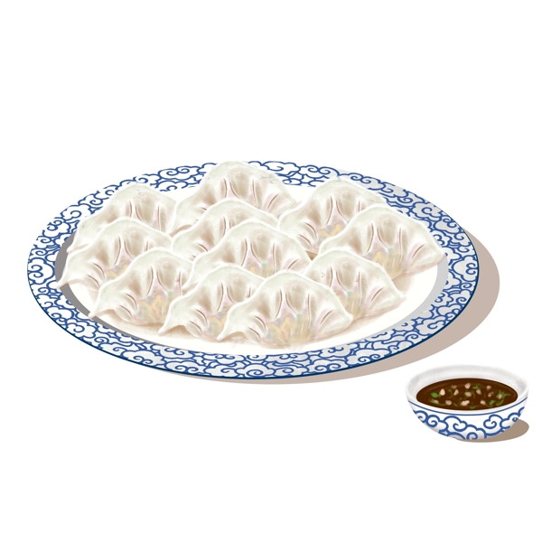 手绘青花瓷盘一盘饺子和陈醋设计