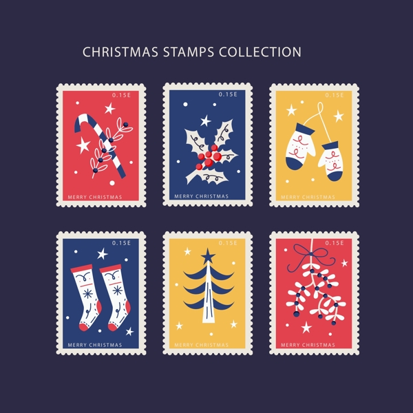 彩色图案的圣诞邮票标签