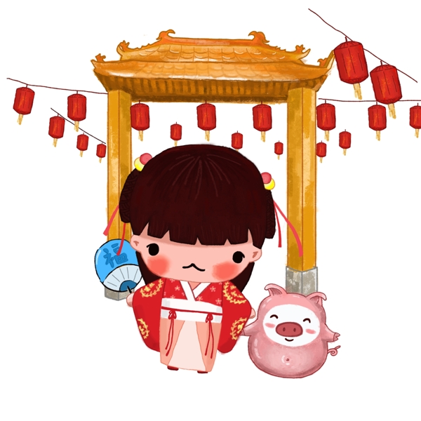 春节逛庙会祈福的女孩和猪猪