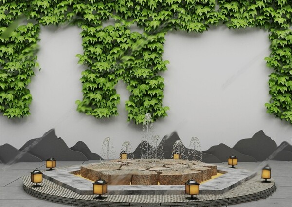 新中式庭院喷泉3D模型图片