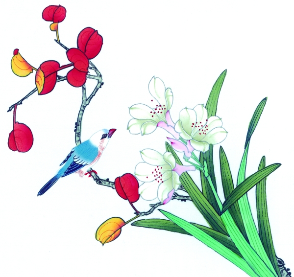 鲜花植物与蓝色小鸟图片
