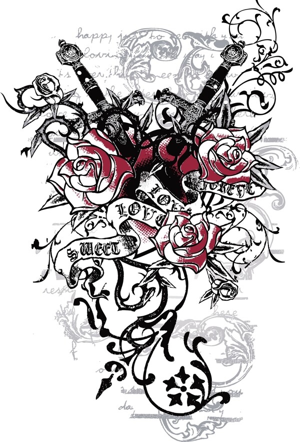 宝剑玫瑰印花设计