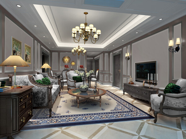 现代清新浅蓝色客厅蓝色花纹地板室内装修图
