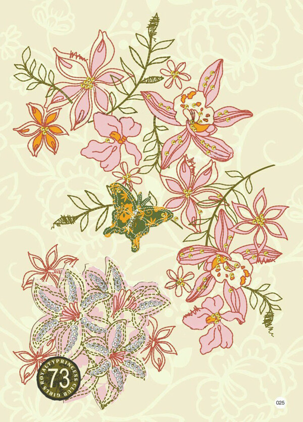 绣花优雅植物花卉昆虫花纹免费素材