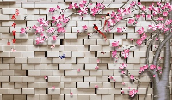 3D砖墙花卉树不分层图片