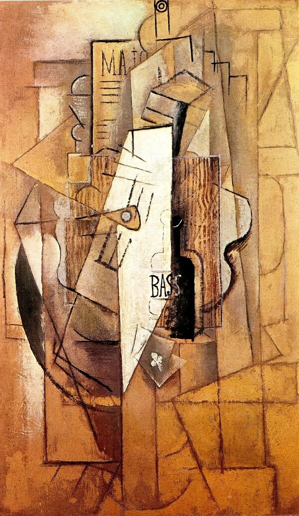 1912BouteilledeBassguitareasdetr濂籰e西班牙画家巴勃罗毕加索抽象油画人物人体油画装饰画