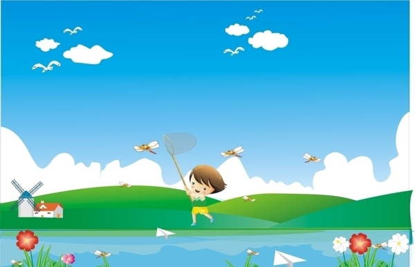 山水画风车房屋山水蜻蜓花朵小草捉蜻蜓的小孩卡通小孩蓝天白云大雁湖面纸飞机