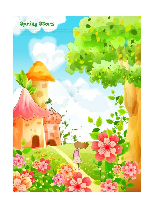 鲜花少女城堡春天背景图片