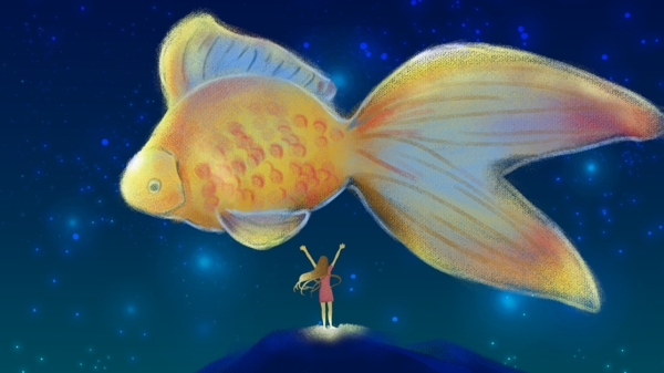 唯美梦幻童话仙境巨大发光浮游金鱼长发女孩