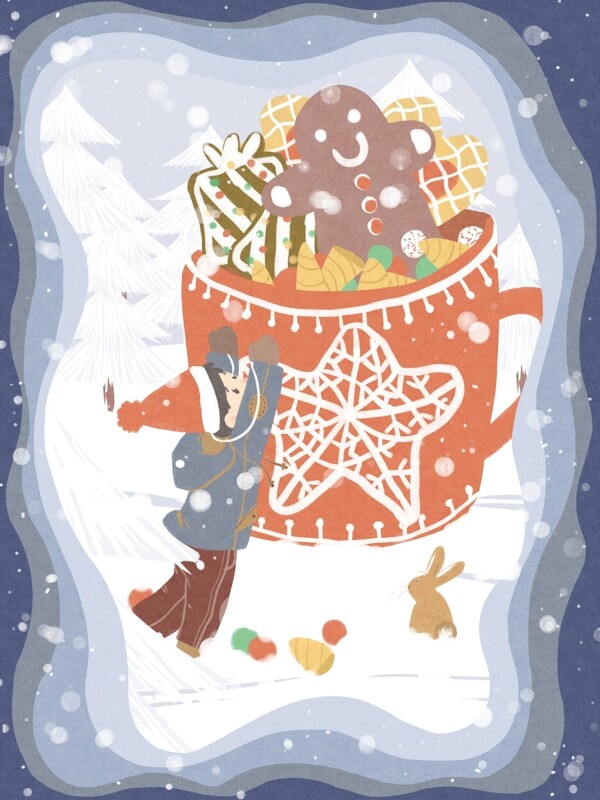 圣诞节雪地拿礼物剪纸风原创手绘插画姜饼人