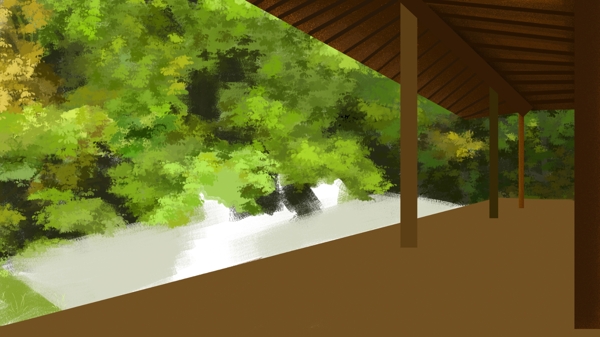 木制凉亭绿色树林中国风背景