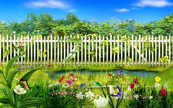 白篱笆和花朵以及蝴蝶图片