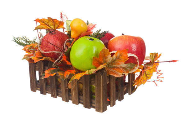 木框里的水果和秋天叶子图片
