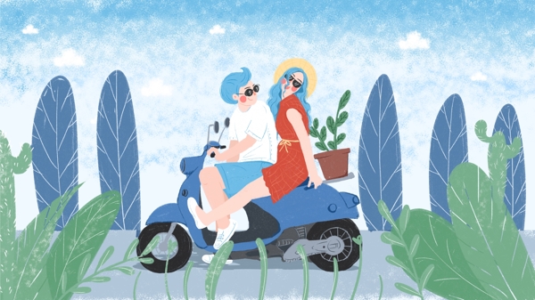 夏季暑假绿色情人节情侣骑摩托原创插画