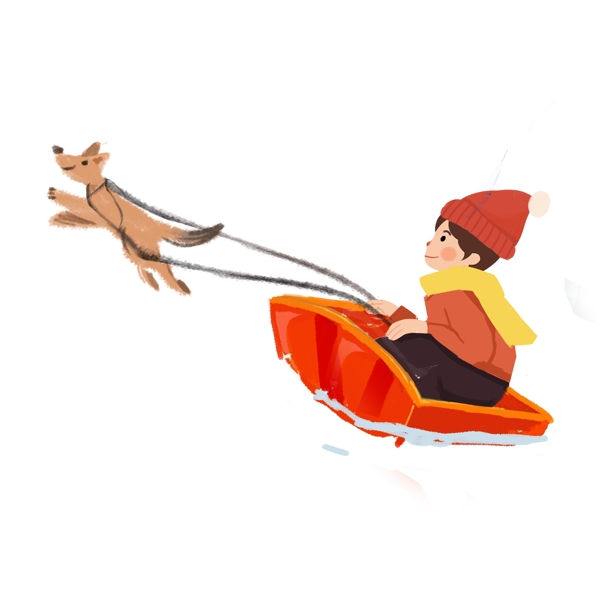手拉雪橇和男孩插画设计