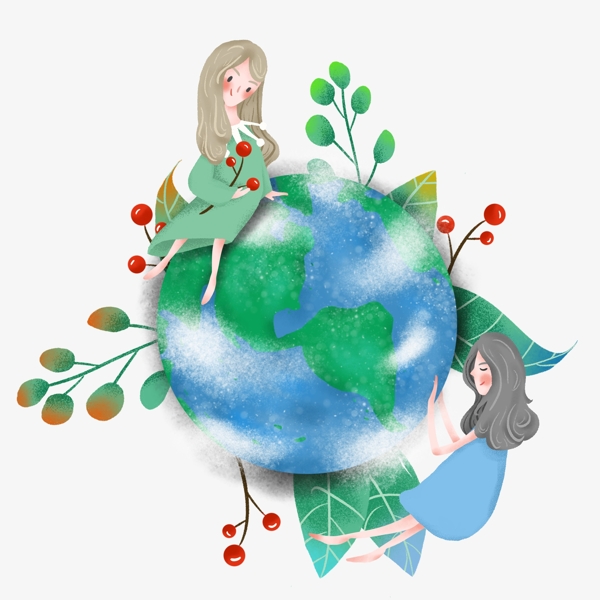 简约守护地球的两个女孩插画海报免抠元素