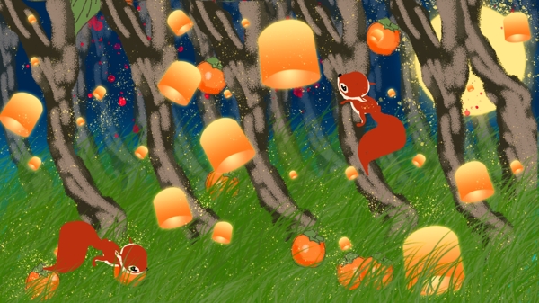 中秋节夜里松鼠在柿子林里吃柿子插画