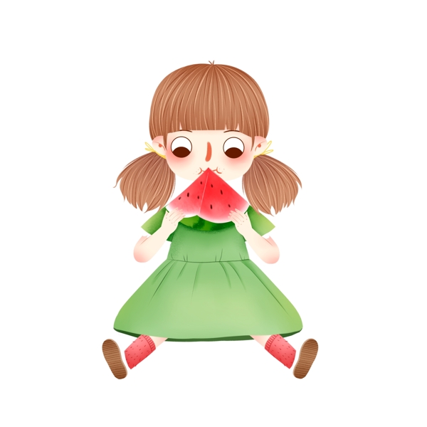 手绘可爱吃西瓜的女孩