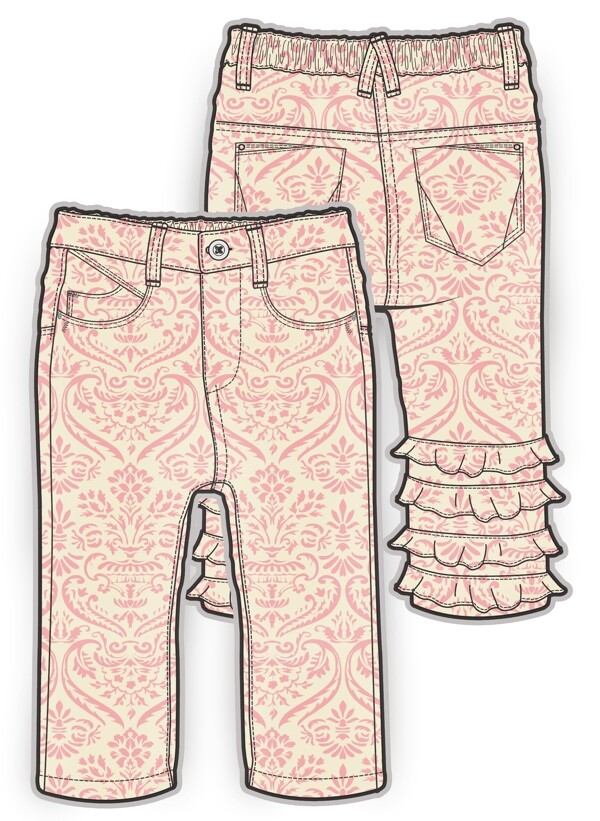 粉色花纹长裤小女生服装设计彩色矢量原稿
