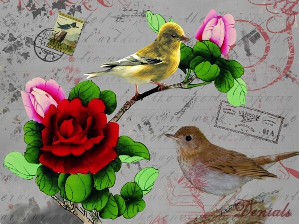 鲜花上的小鸟水墨画图片