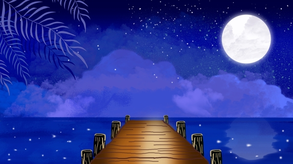 蓝色唯美夜空小桥湖泊插画背景