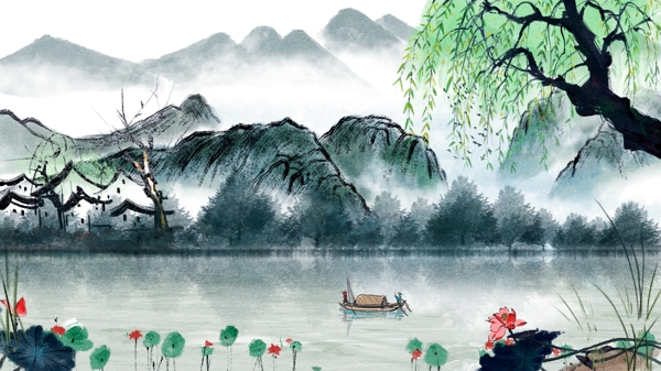 唯美手绘中国水墨画中国风水彩画插画