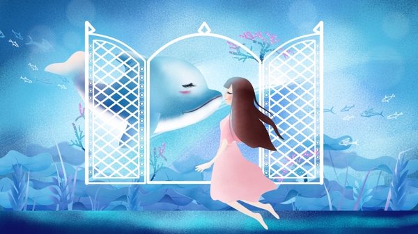 原创插画望着窗外的女孩治愈海豚