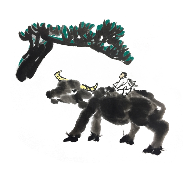水墨牧童坐在水牛上手绘插画