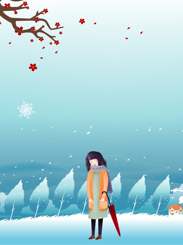 彩绘冬季雪地女孩背景设计