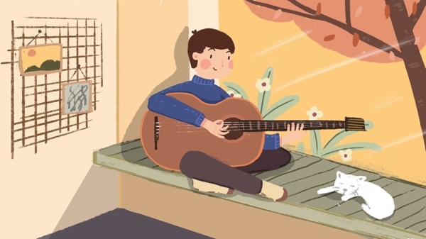 弹琴的男孩音乐手绘生活插画