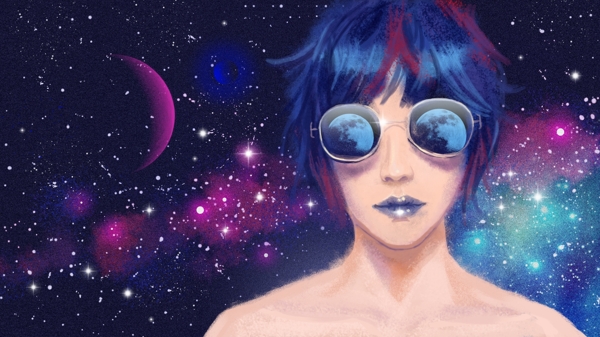 蓝紫色梦幻星空墨镜少女眼中的月球