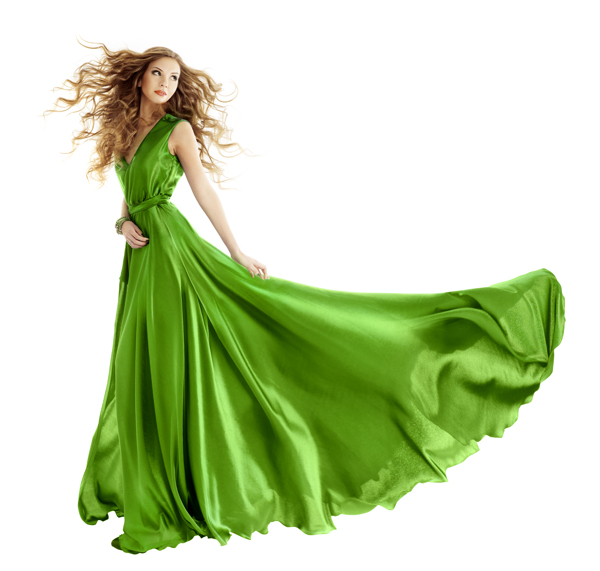 绿色裙子绸布美女图片