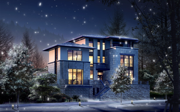 雪夜温暖现代三层居家别墅