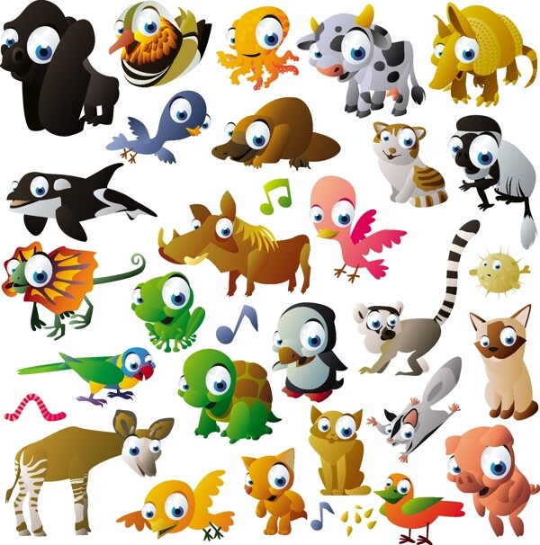 30大眼睛的可爱的卡通动物矢量集