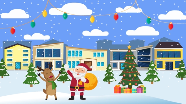 平安夜快乐圣诞老人和麋鹿送礼物矢量插画