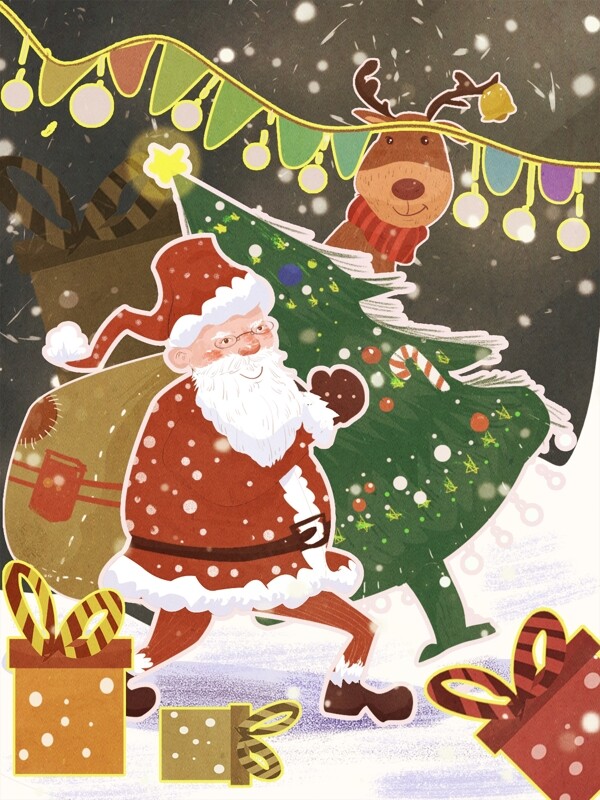 原创圣诞插画抱着圣诞树的圣诞老人