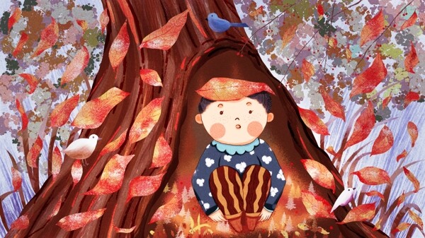 原创二十四节气霜降树洞里的孩子手绘插画