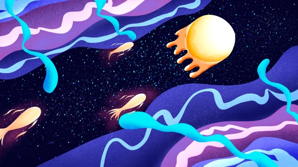 夜空银河流云飞舞的月亮和追逐的鱼海报插画