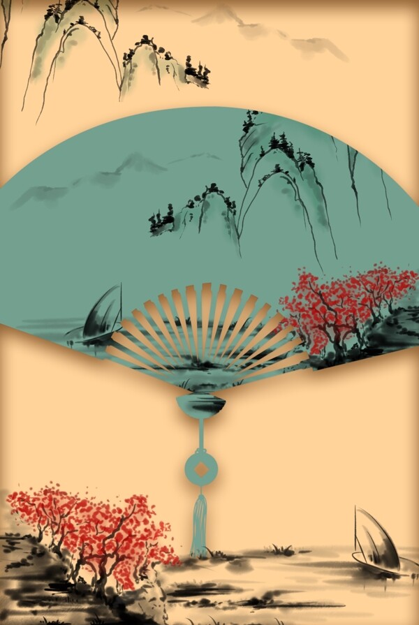 复古中国风古典折扇水墨山水背景