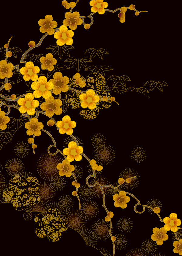 日式黑底金色梅花底纹图片