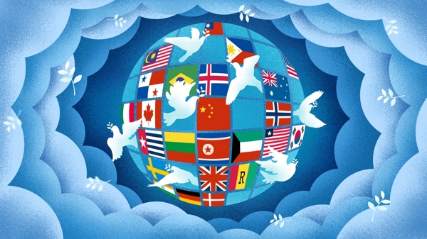 原创手绘插画世界和平日地球旗帜鸽子