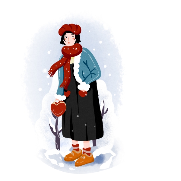 冬天冬装人物女孩下雪扁平卡通元素