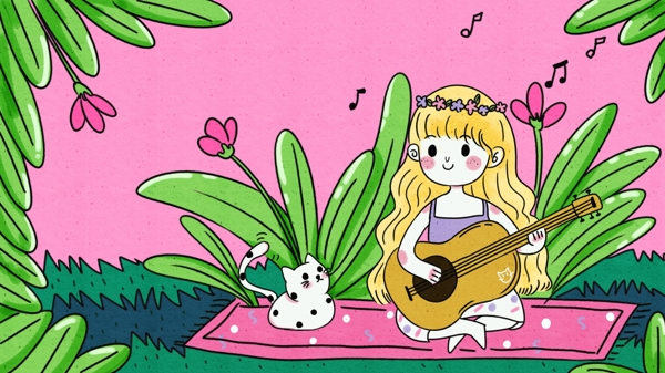 热带森林可爱的弹吉他的小姑娘