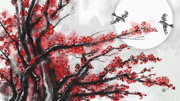中国风梅树冬季梅花复古水墨腊梅红梅插画