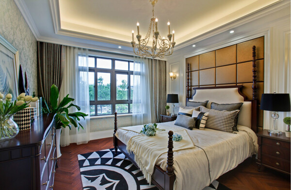 现代时尚卧室黑色花纹地毯室内装修效果图
