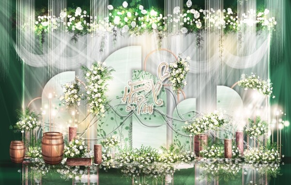 白绿色简约合影区婚礼效果图设计留影区设计