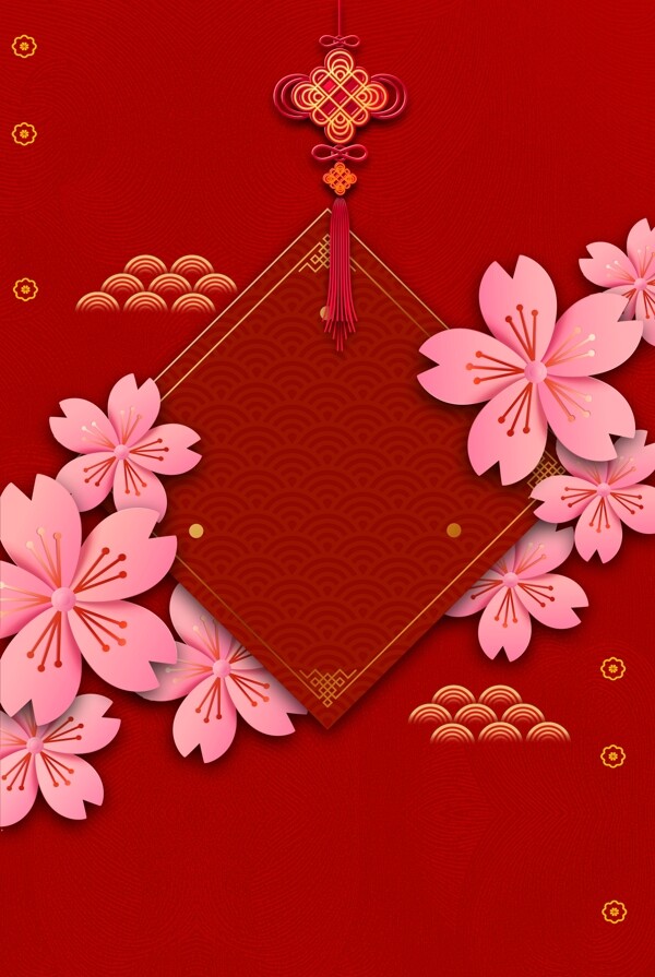 红色中国风猪年花朵新年背景素材