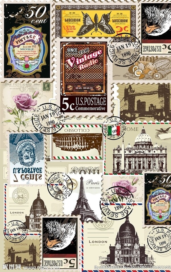 欧式邮票图案四方连续无缝连接