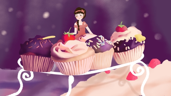 原创插画美食蛋糕甜品与女孩