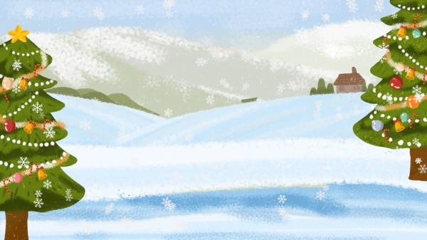 手绘雪地圣诞树雪花了背景素材